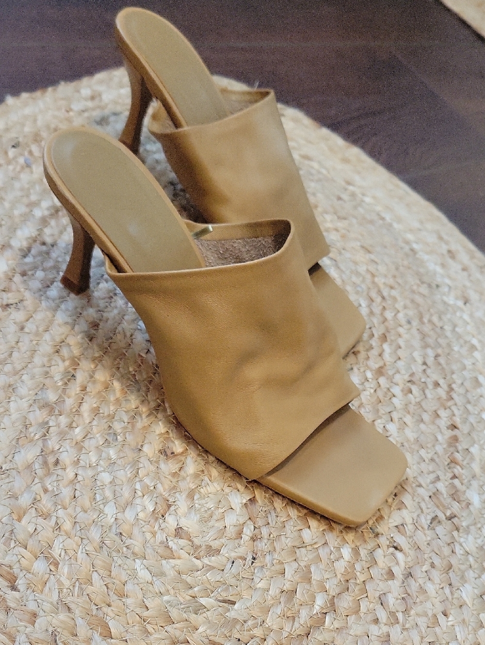 Zara Camel Leather Square-Toe Slip-On Mules